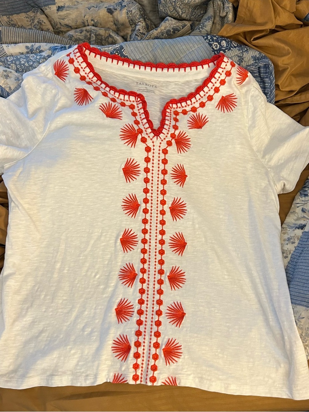 Talbots White Short Sleeve Tee with Red Embroidered Front Detail